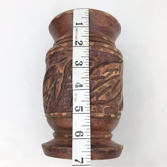 Wood Hand Carved Brown Turned Pedestal  Vase - Picture 13 of 15
